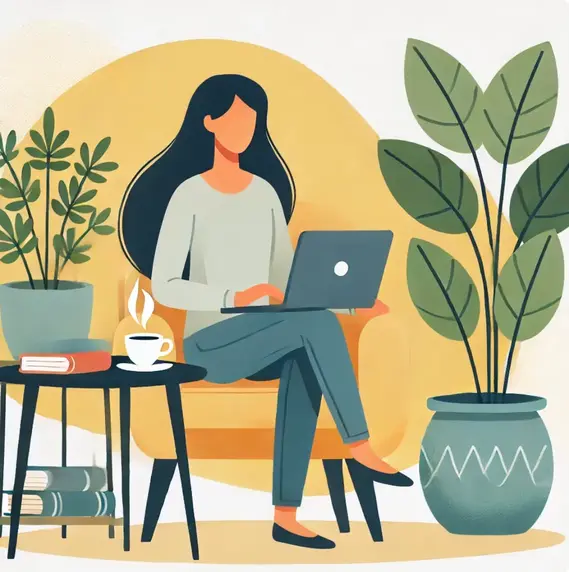 Vrouw werkt op laptop in een comfortabele stoel, omringd door planten, boeken en een kop koffie