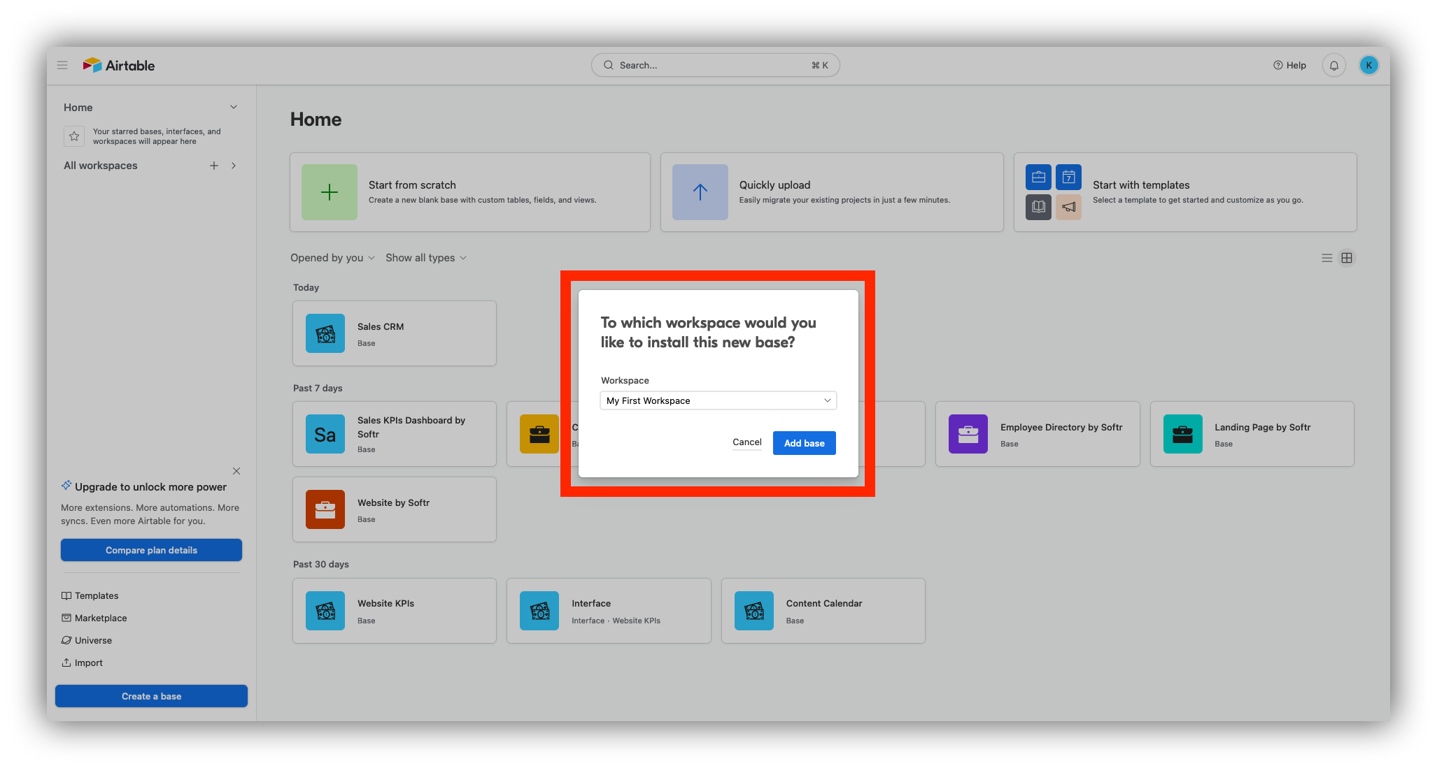 Step 8: Choose the workspace on which to add the Airtable base