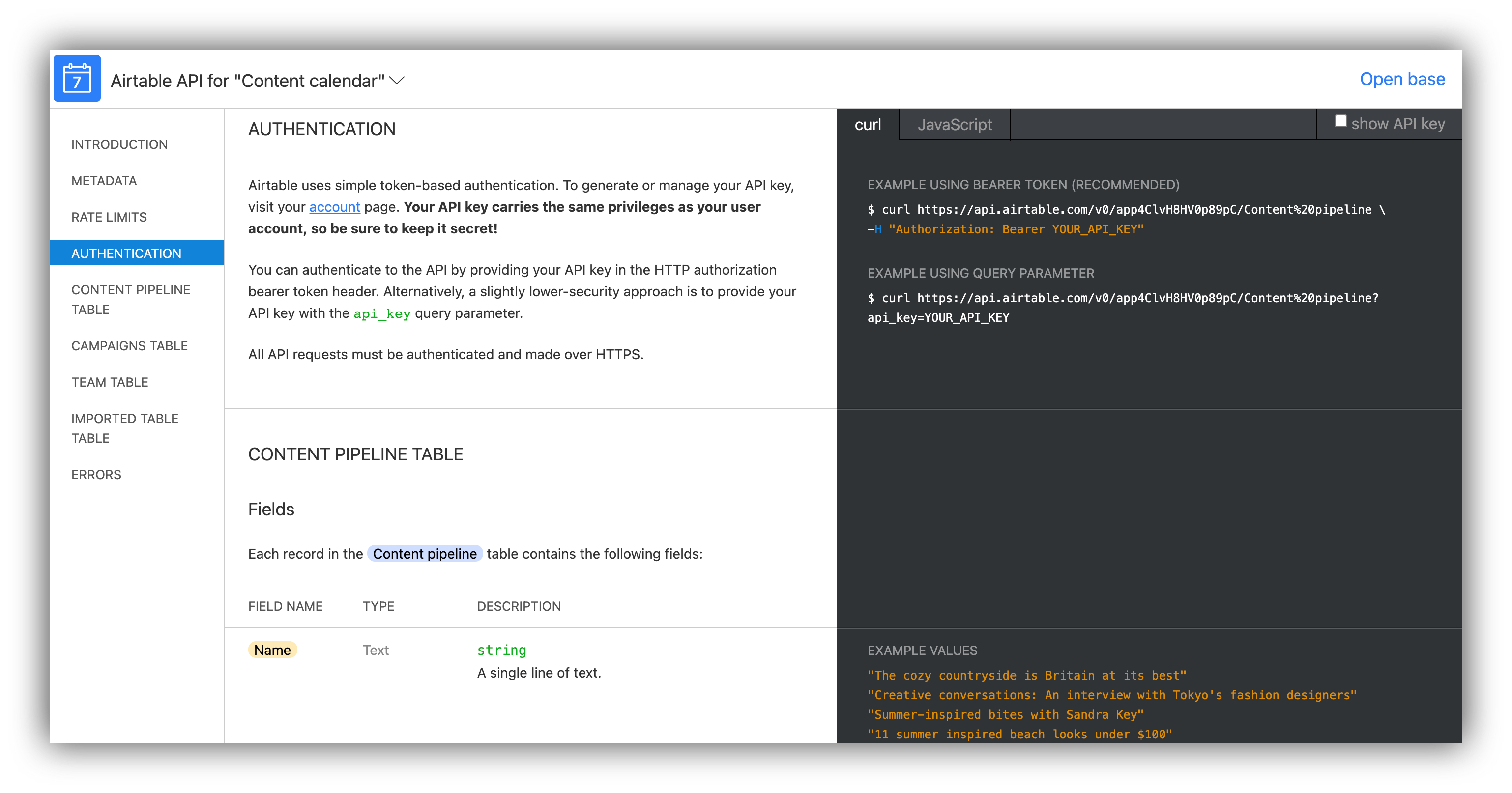 Airtable API documentation