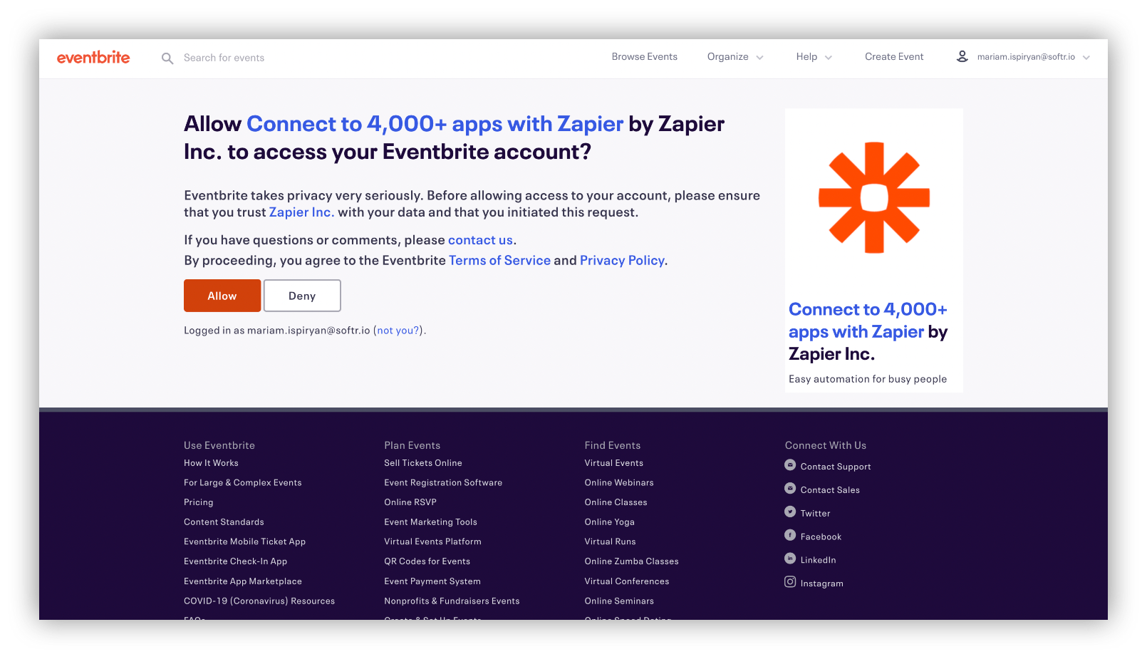 connect eventbrite ith zapier