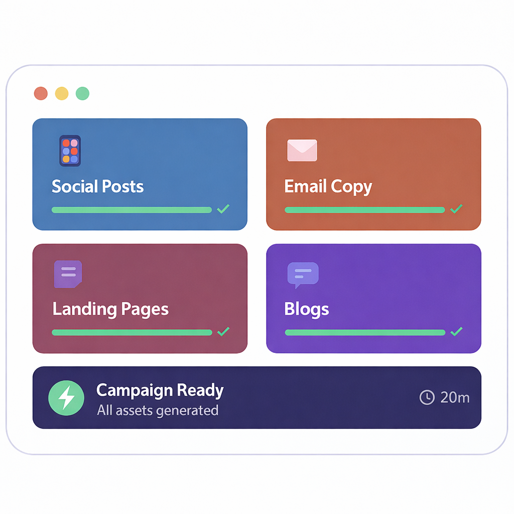 AI multi-channel marketing dashboard generating coordinated content across social, email, landing pages, and blogs