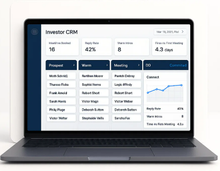 Investor CRM Dashboard Preview - Track investor pipeline, meetings, and outreach status